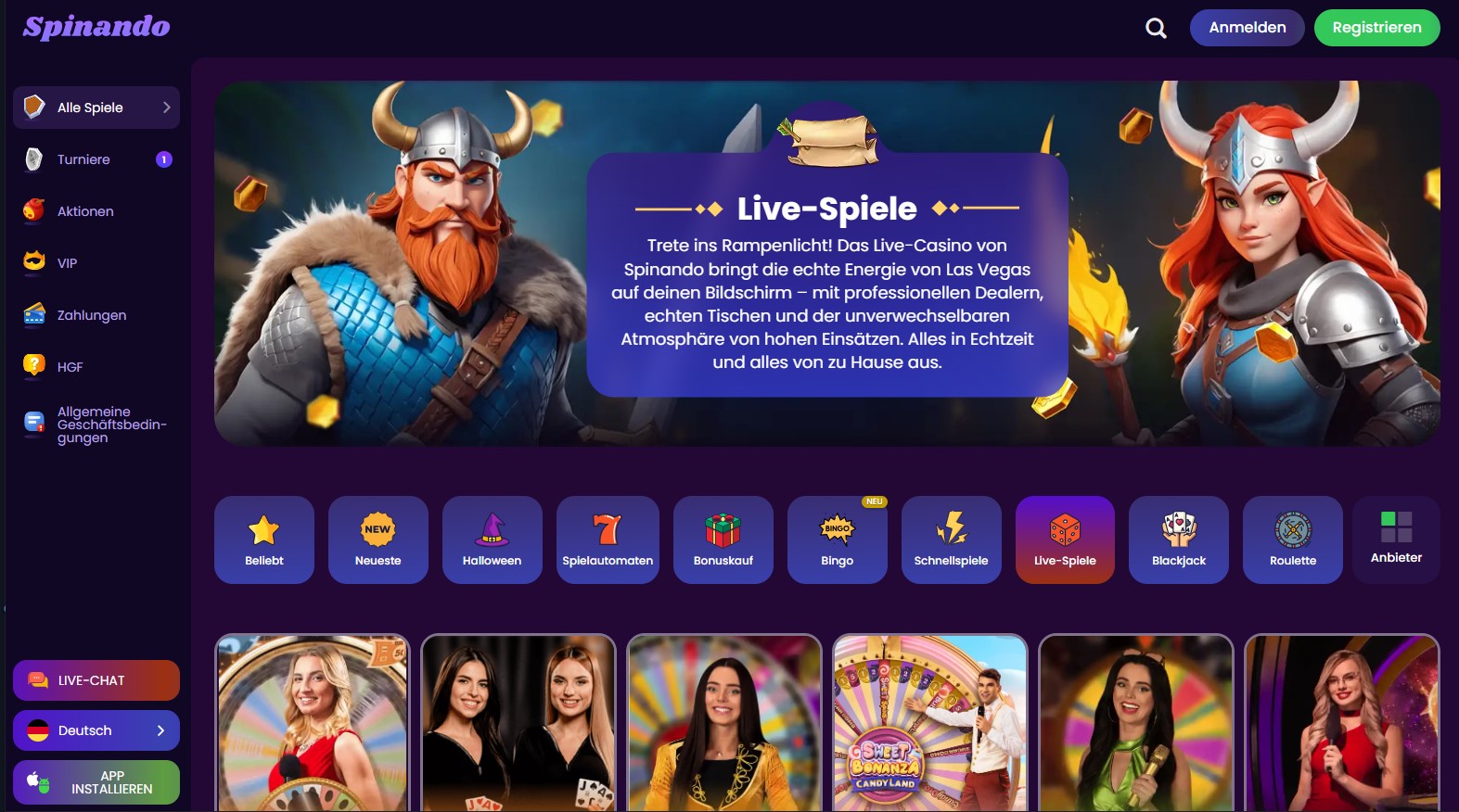 Spinando Live Spiele